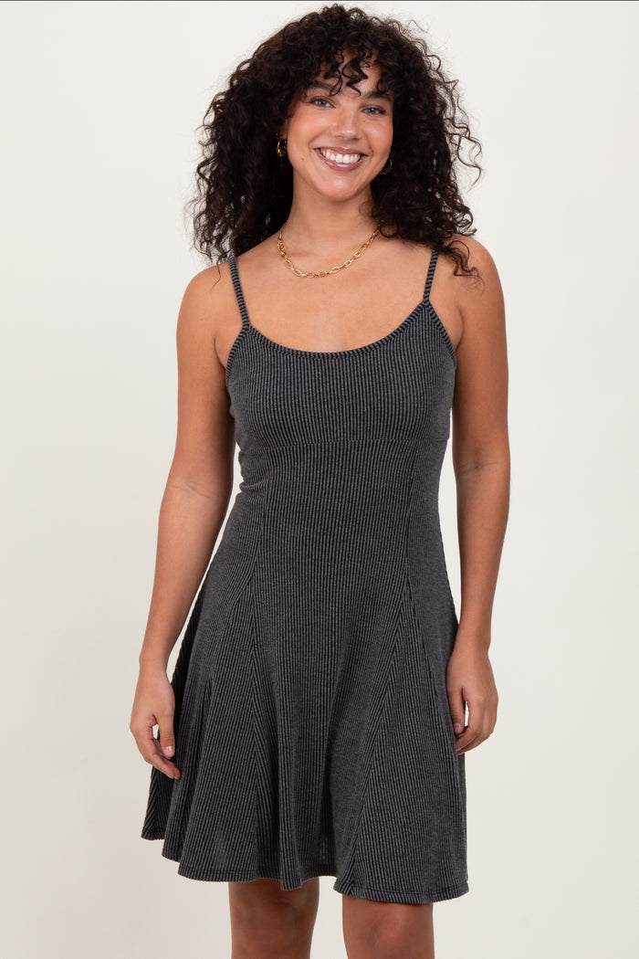 Charcoal Solid Ribbed Knitted Adjustable Strap Sleeveless Maternity Mini Dress