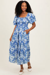 Blue Multi Printed Floral Square Neck Maternity Midi Dress
