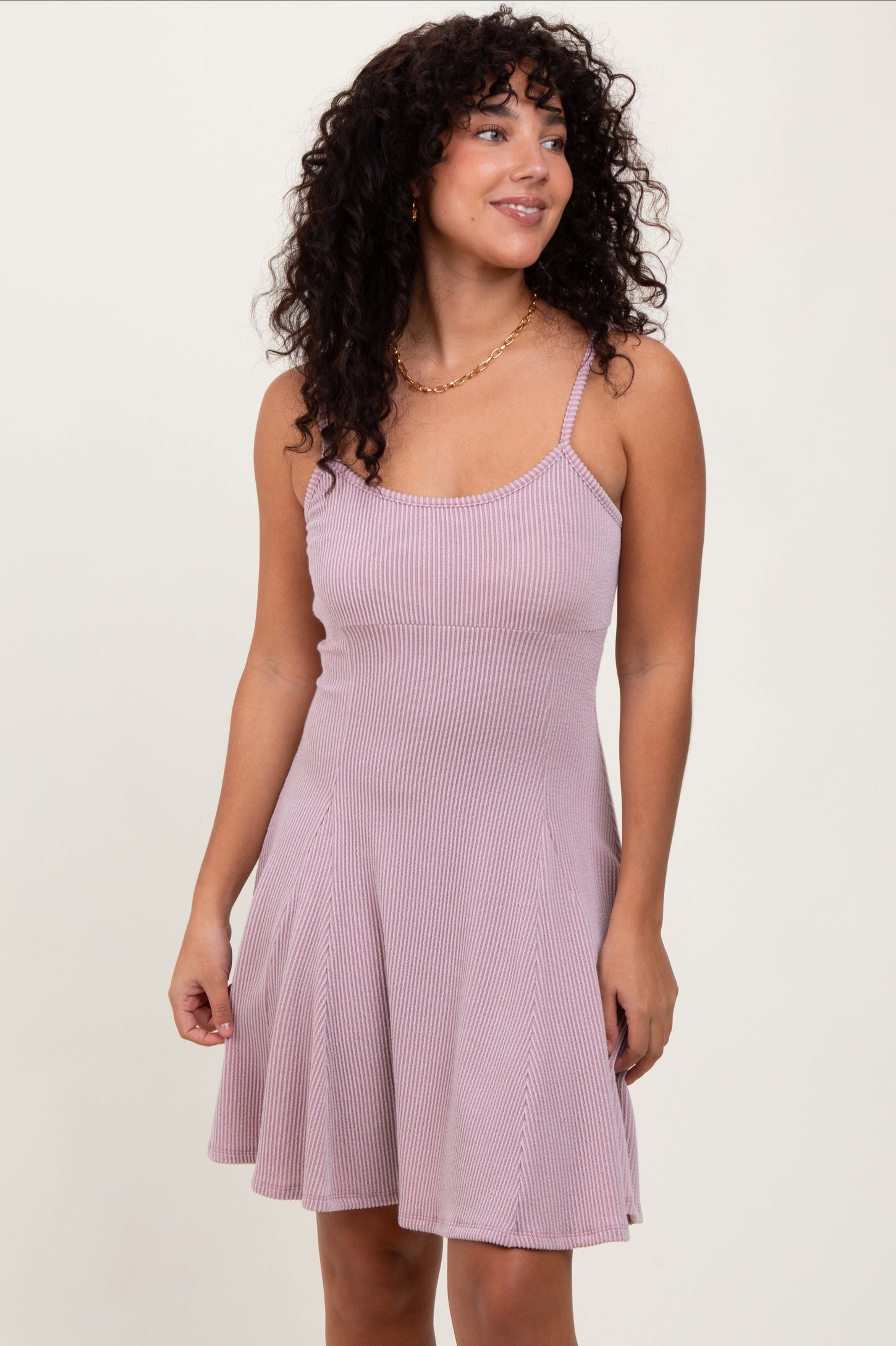 Mauve Solid Ribbed Knitted Adjustable Strap Sleeveless Mini Dress
