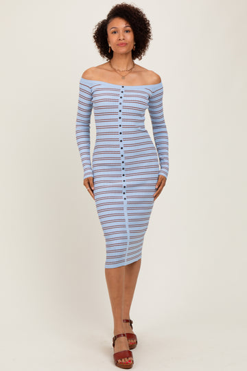 woman wearing a blue and white striped off-shoulder midi dress with a button-up front and long sleeves