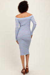 Light Blue Striped Ribbed Button Accent Off Shoulder Dress