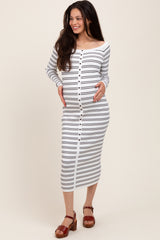 White Striped Ribbed Button Accent Off Shoulder Maternity Dress