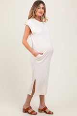 Cream Casual Sleeveless Pocketed Maternity Midi Dress