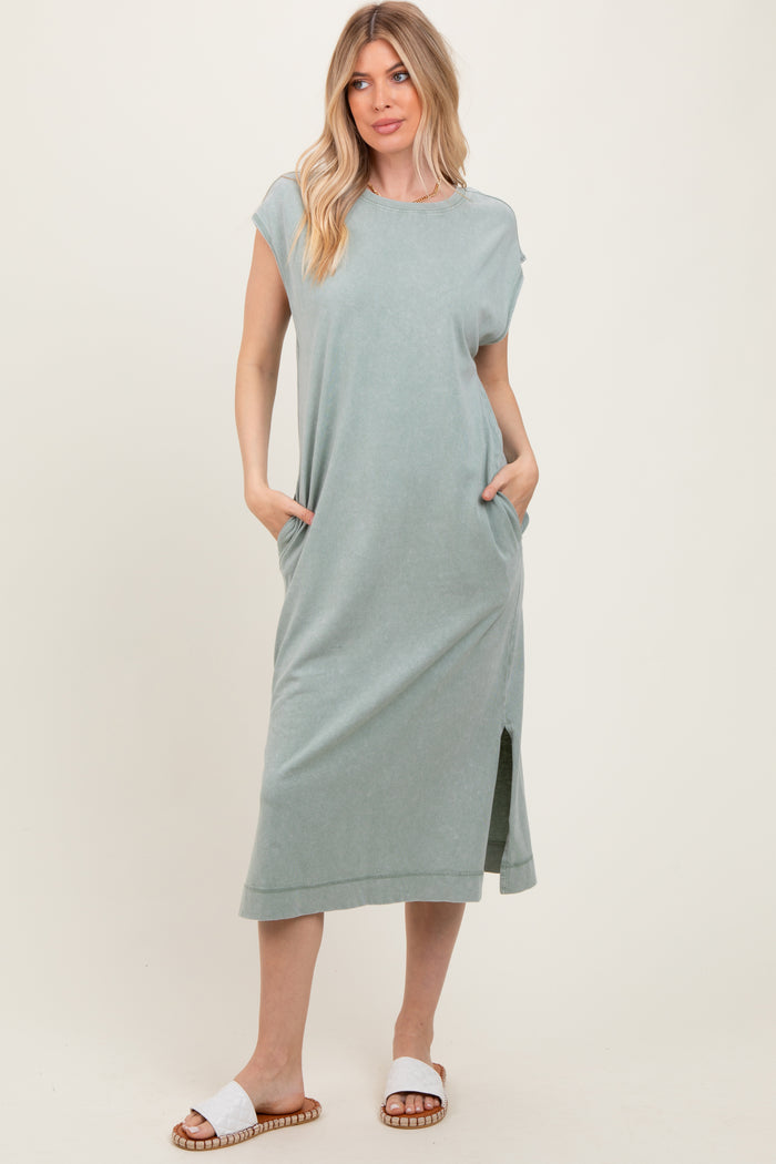 Sage Casual Sleeveless Pocketed Maternity Midi Dress