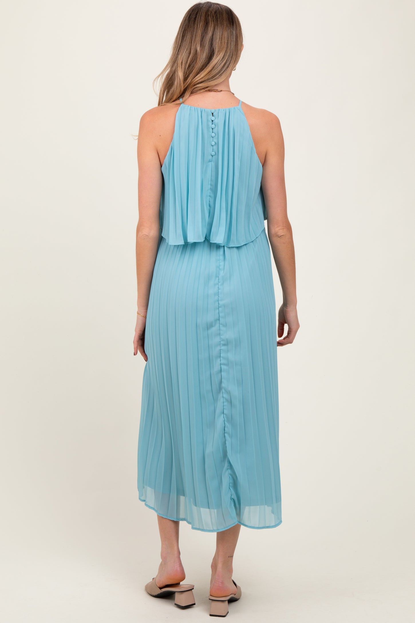 Blue Pleated Woven Maternity Midi Dress