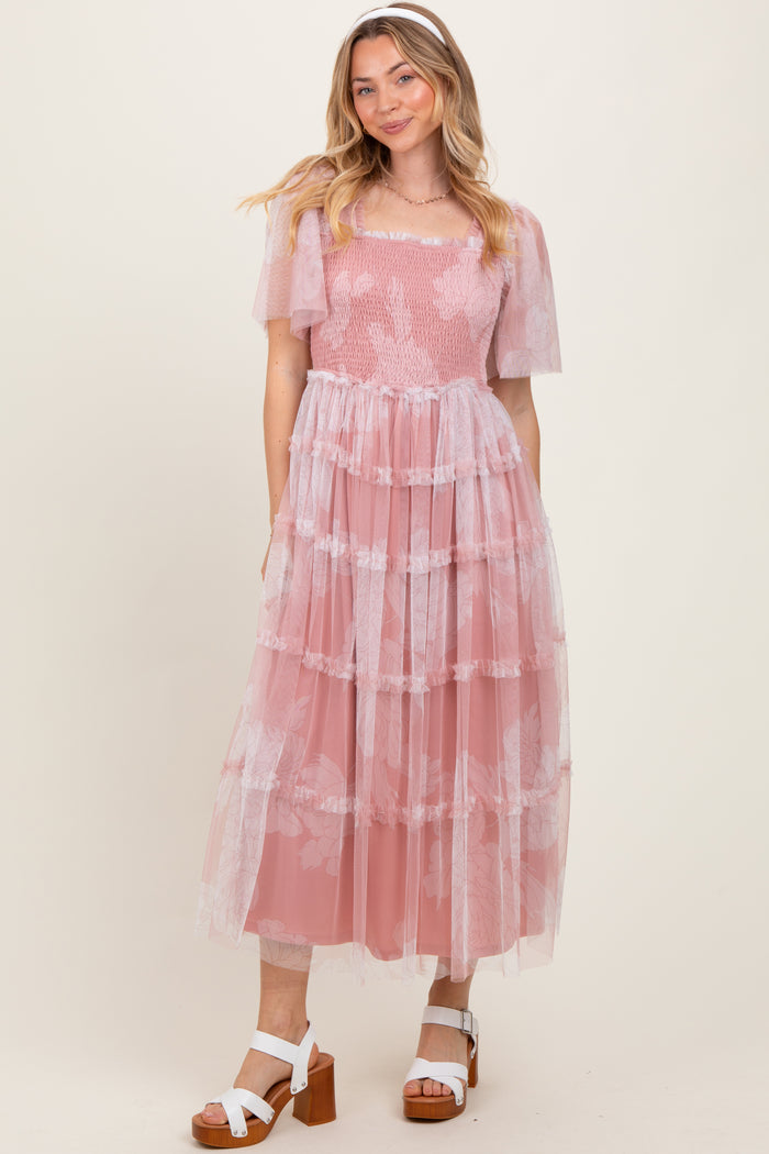 Pink Smocked Top Mesh Ruffled Maternity Midi Dress