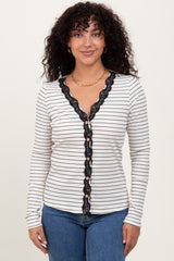 Ivory Striped Ribbed Long Sleeve Lace Detail Button Down Cardigan