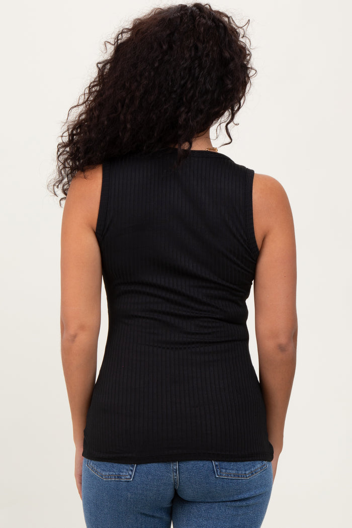 Black Solid Ribbed V-Neck Tank Top