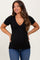 Black Solid Ribbed Short Sleeve V-Neck Basic Maternity Top