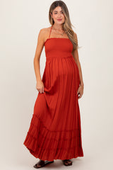 Rust Smocked Woven Maternity Maxi Dress