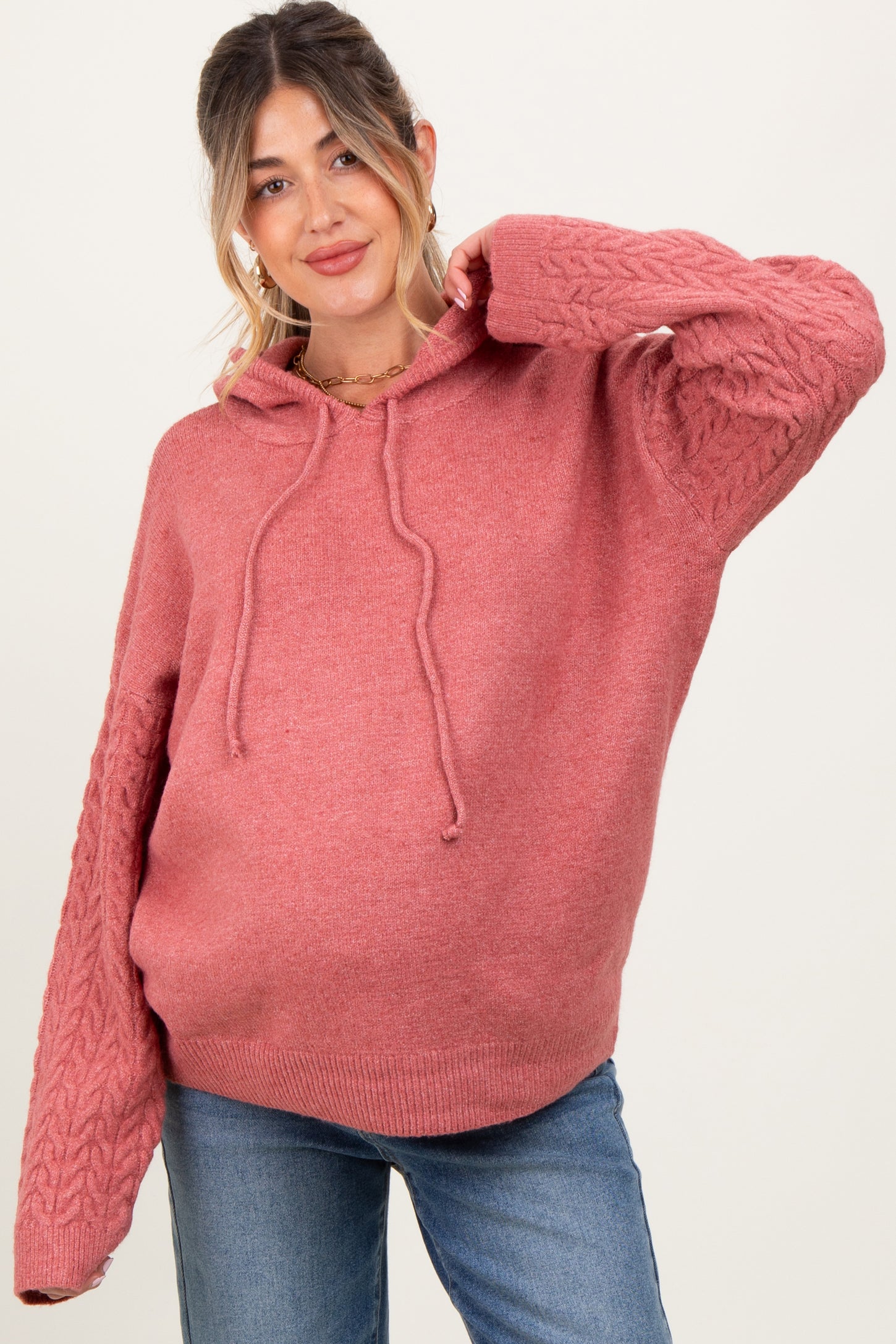 Coral Knit Braided Sleeve Maternity Hoodie