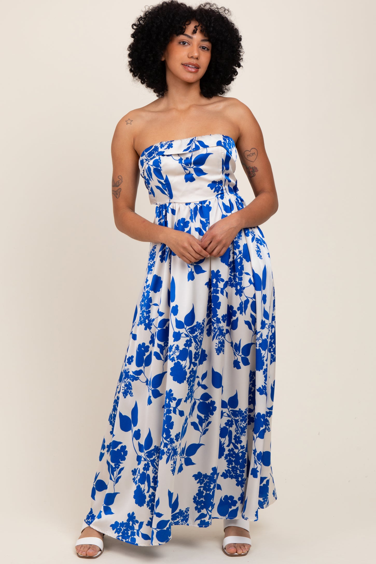 Blue Strapless Back Tie Maternity Maxi Dress