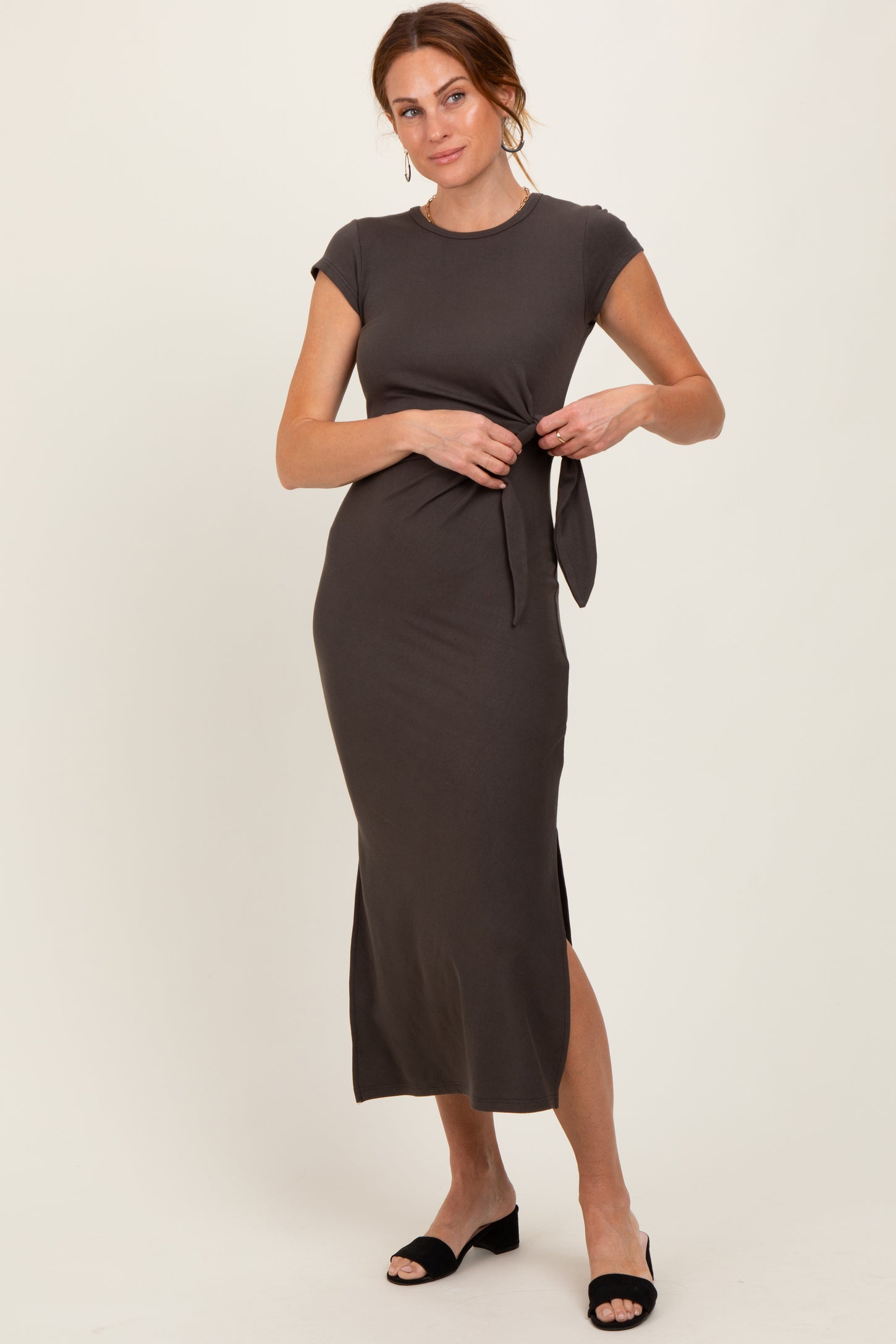 Brown Side Knot Tie Short Sleeve Midi Dress