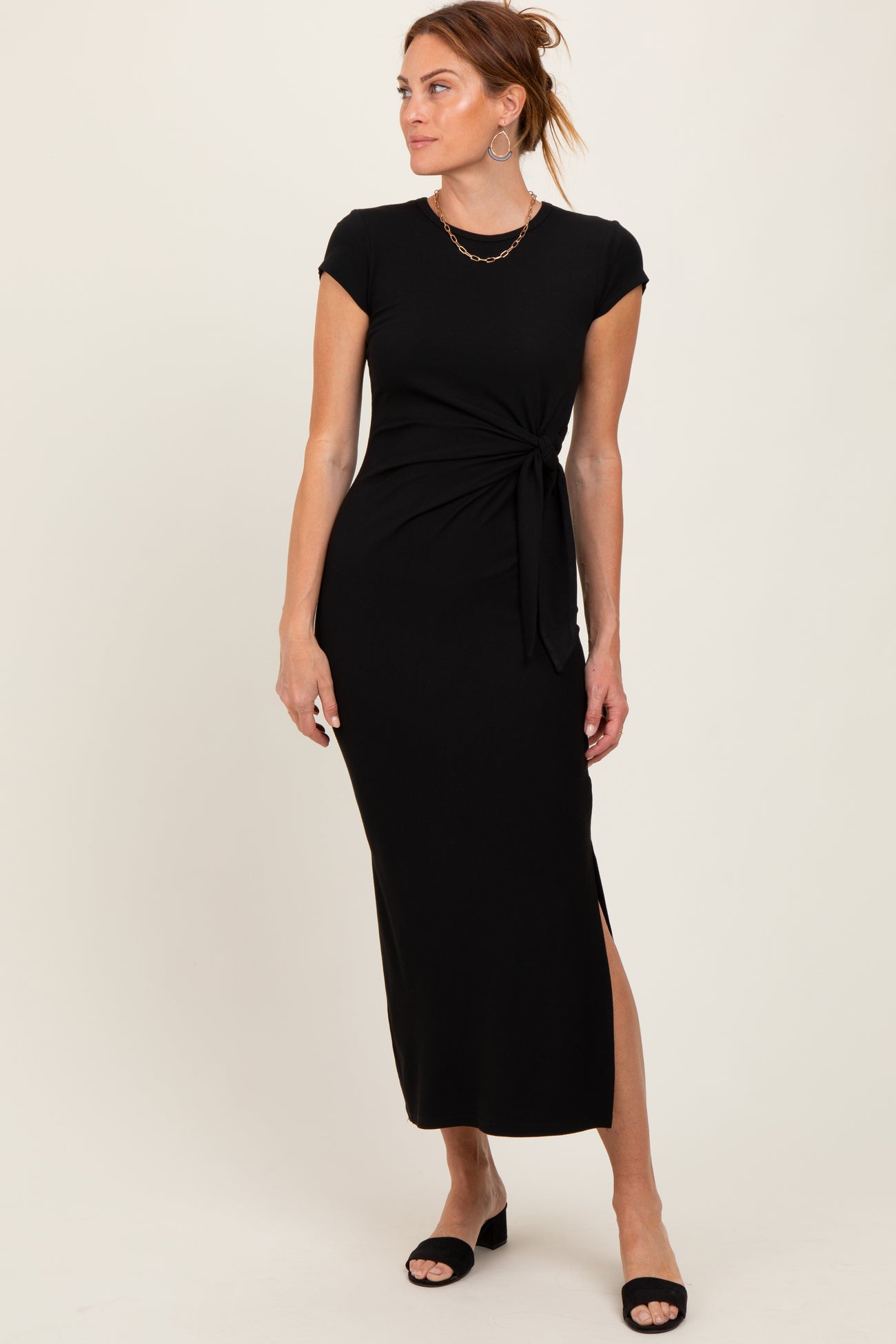 Black Side Knot Tie Short Sleeve Maternity Midi Dress