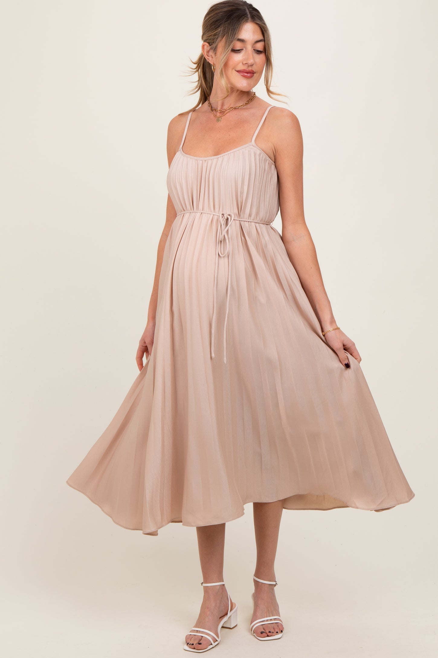 Beige Pleated Sash Tie Maternity Midi Dress