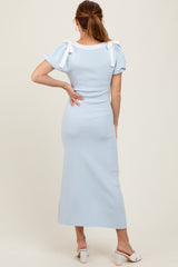 Light Blue Shoulder Bow Puff Sleeve Sweater Dress