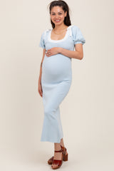 Light Blue Shoulder Bow Puff Sleeve Maternity Sweater Dress