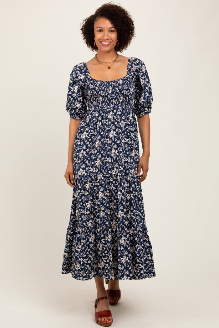 Blue Floral Smocked Puff Sleeve Maternity Maxi Dress