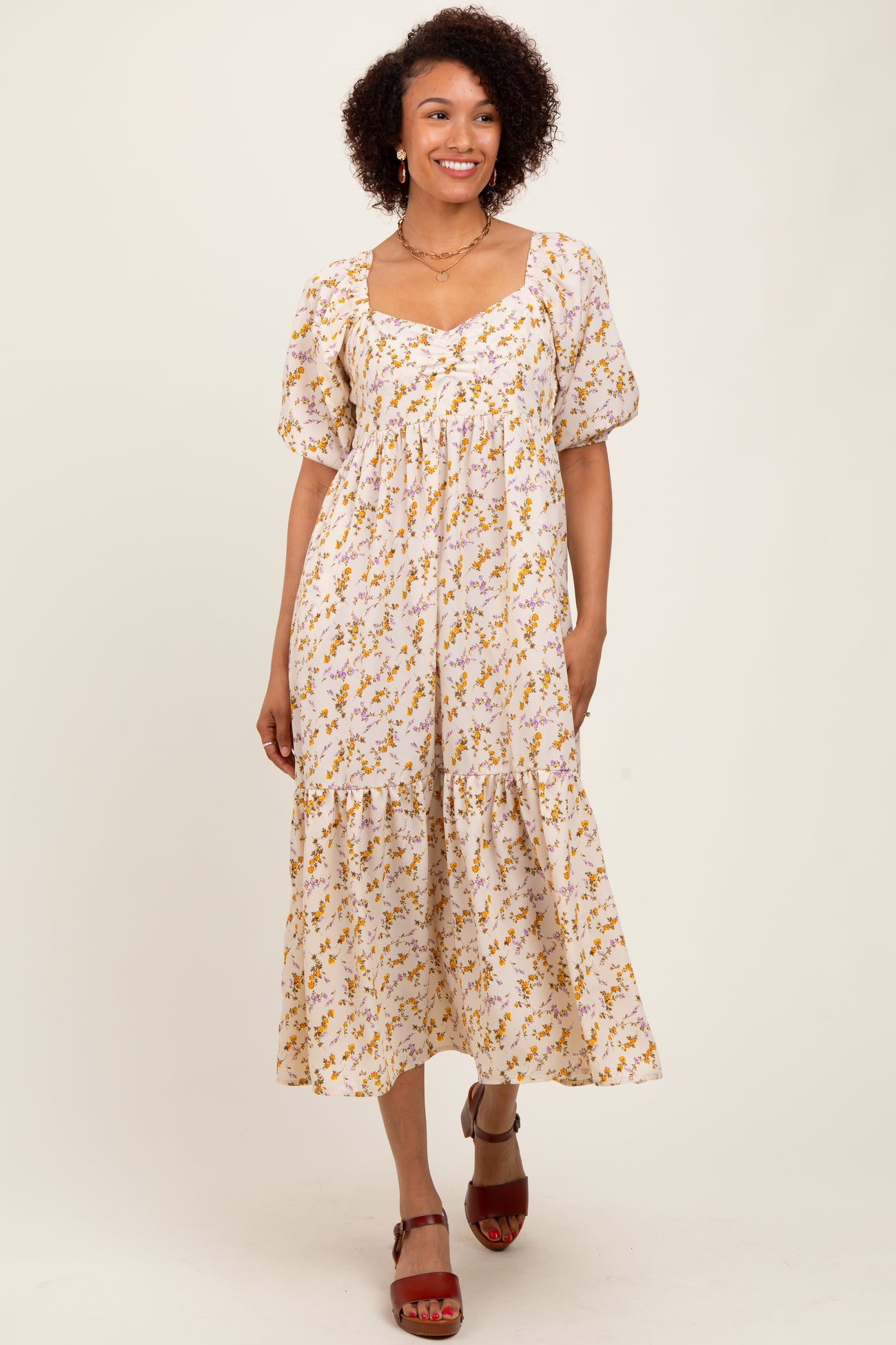 Cream Floral Sweetheart Puff Sleeve Maternity Midi Dress