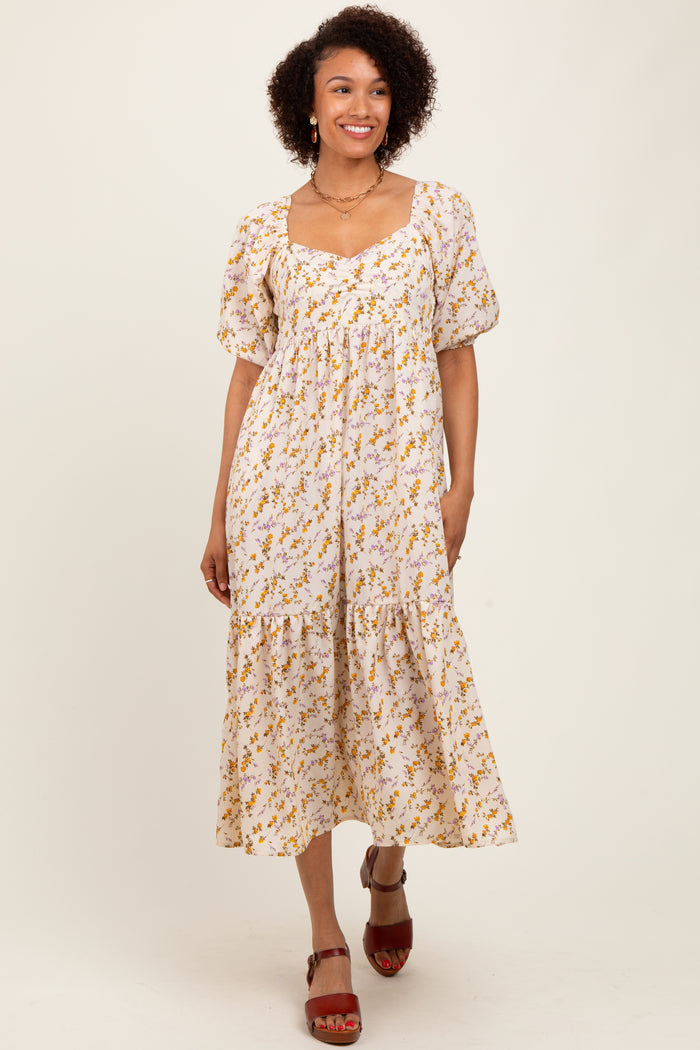 Cream Floral Sweetheart Puff Sleeve Maternity Midi Dress