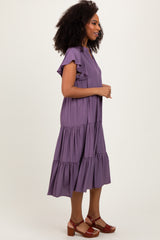 Plum Ruffle Sleeve V-Neck Tiered Midi Dress