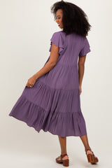 Plum Ruffle Sleeve V-Neck Tiered Midi Dress