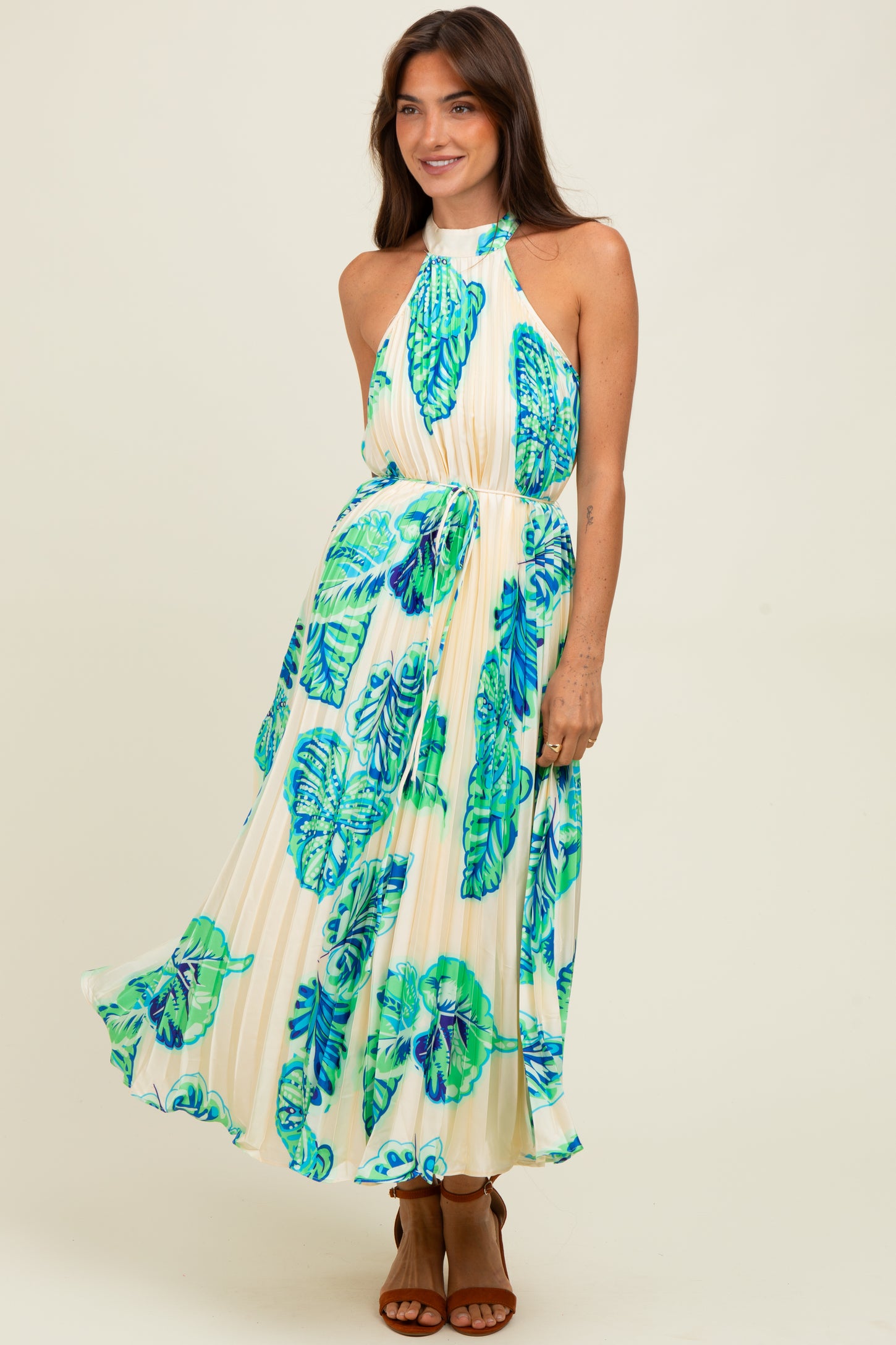Blue Leaf Print Pleated Halter Midi Dress