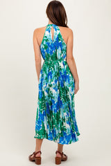 Blue Floral Satin Pleated Halter Neck Midi Dress