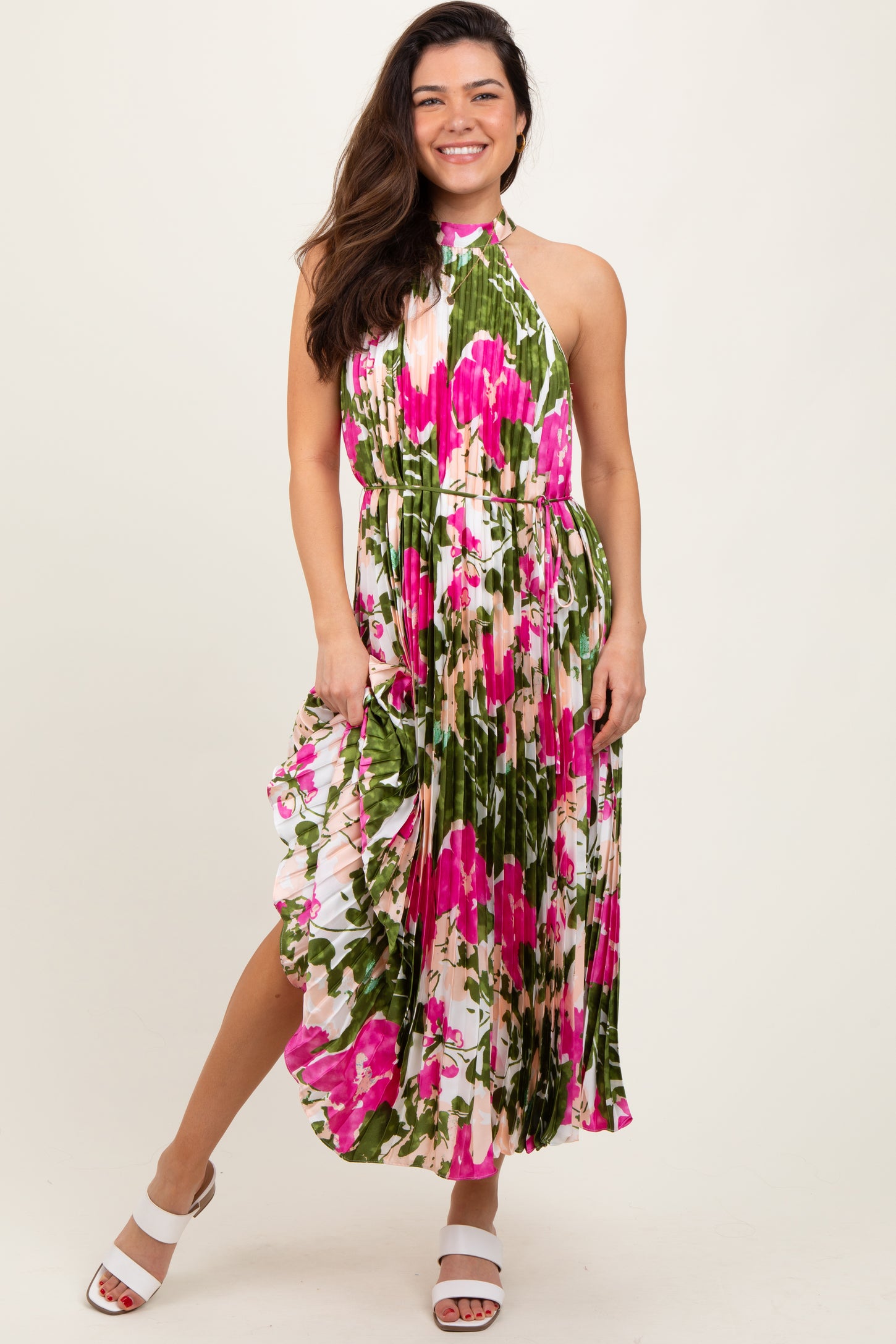 Fuchsia Floral Satin Pleated Halter Neck Midi Dress