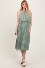 Light Olive Pleated Woven Midi Dress