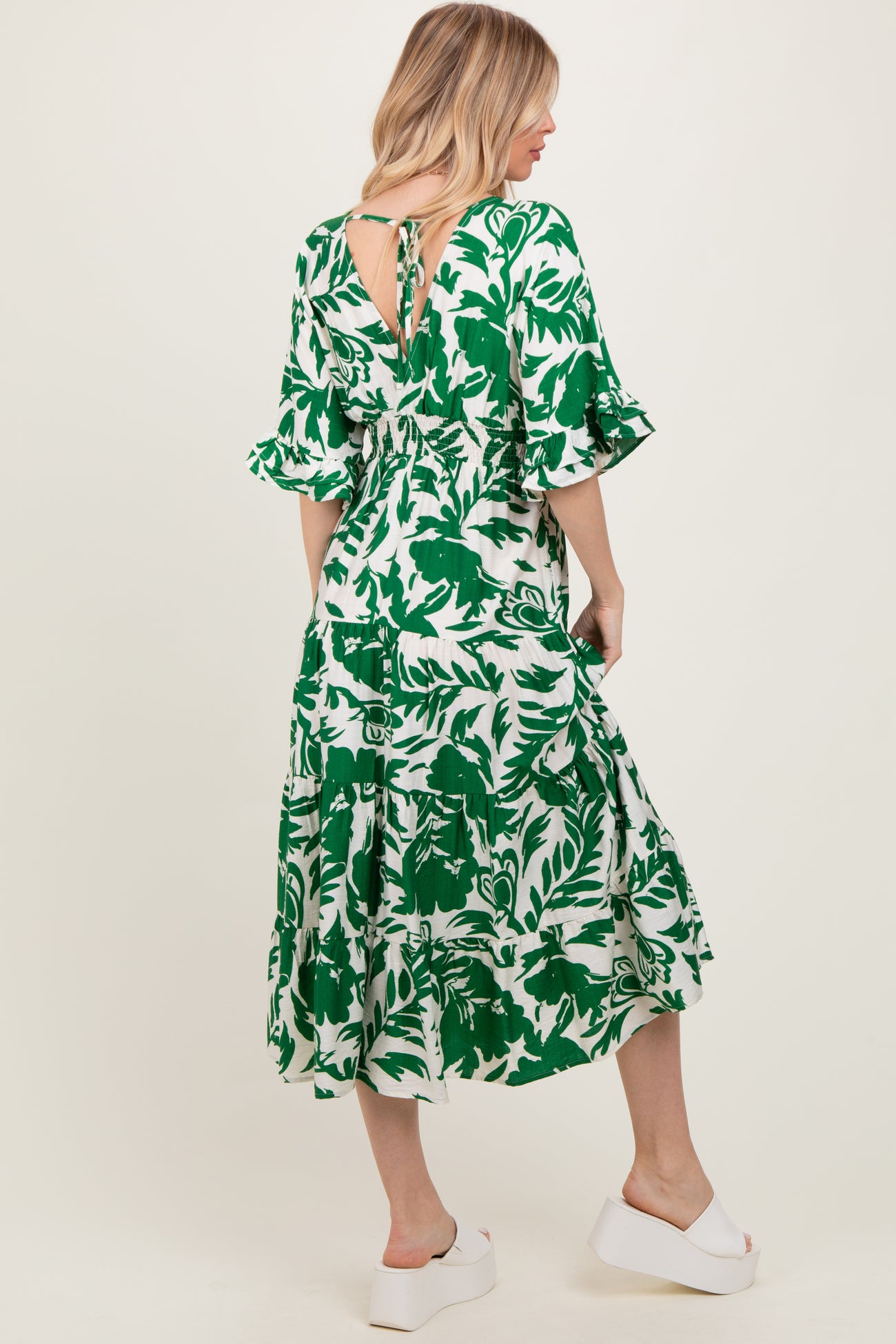 Green Abstract Floral V-Neck Tiered Midi Dress