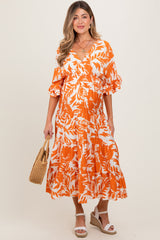 Orange Abstract Floral V-Neck Tiered Maternity Midi Dress