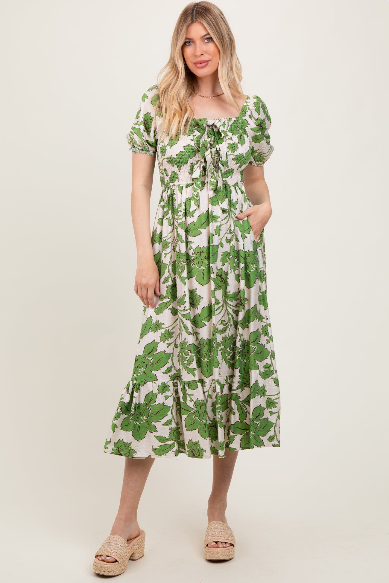 Green Floral Smocked Triple Front Tie Maternity Midi Dress