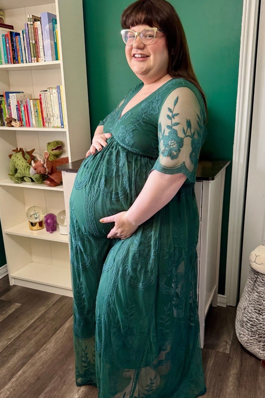 Green Lace Mesh Overlay Maternity Maxi Dress