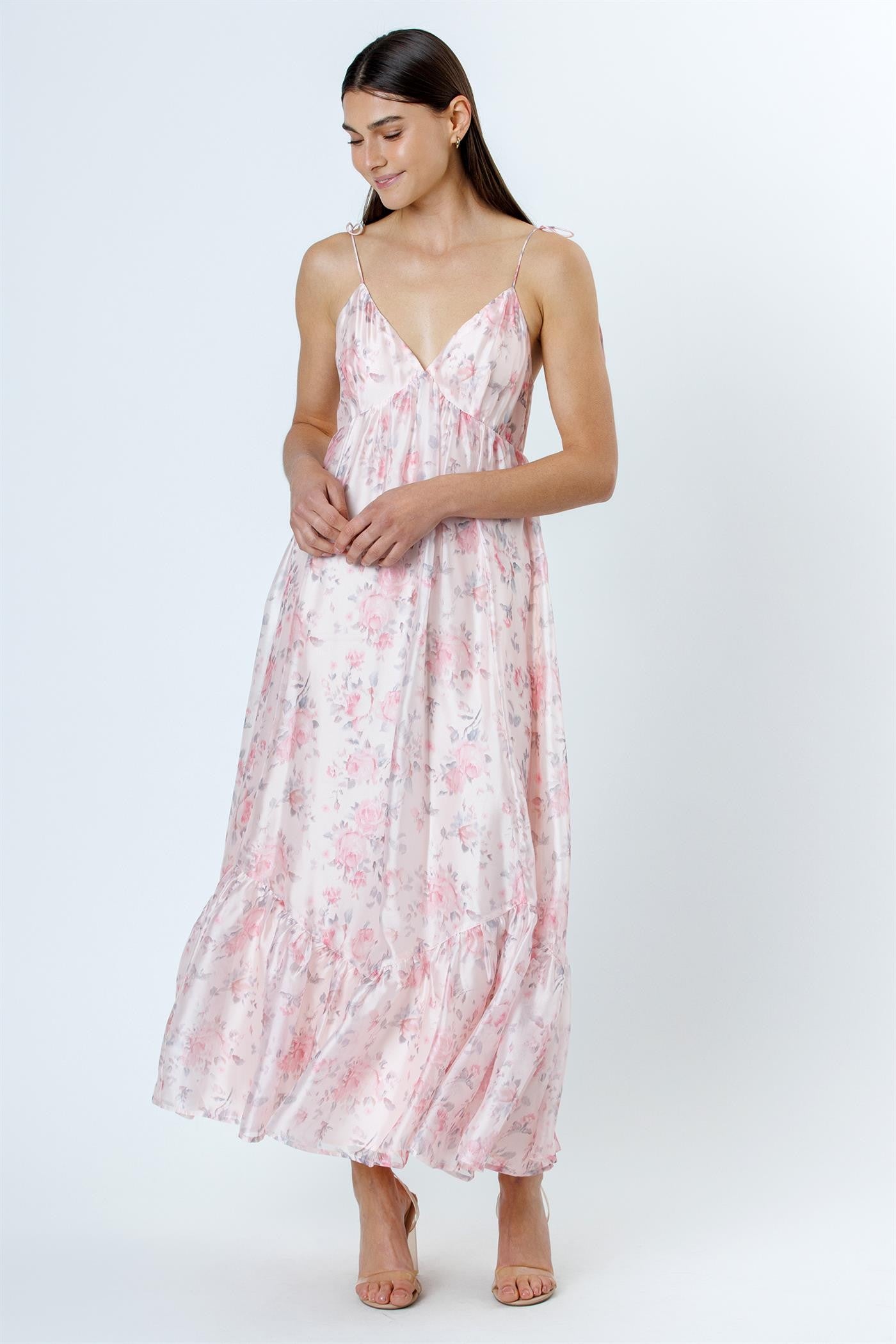 Pink Floral Satin Ruffle Hem Maternity Maxi Dress