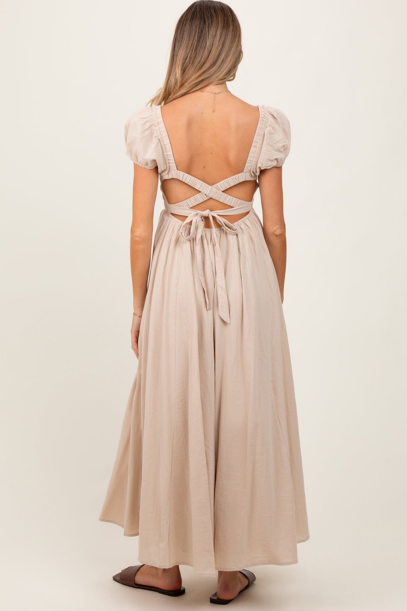 Beige Square Neck Smocked Top Criss Cross Back Tie Maternity Maxi Dress
