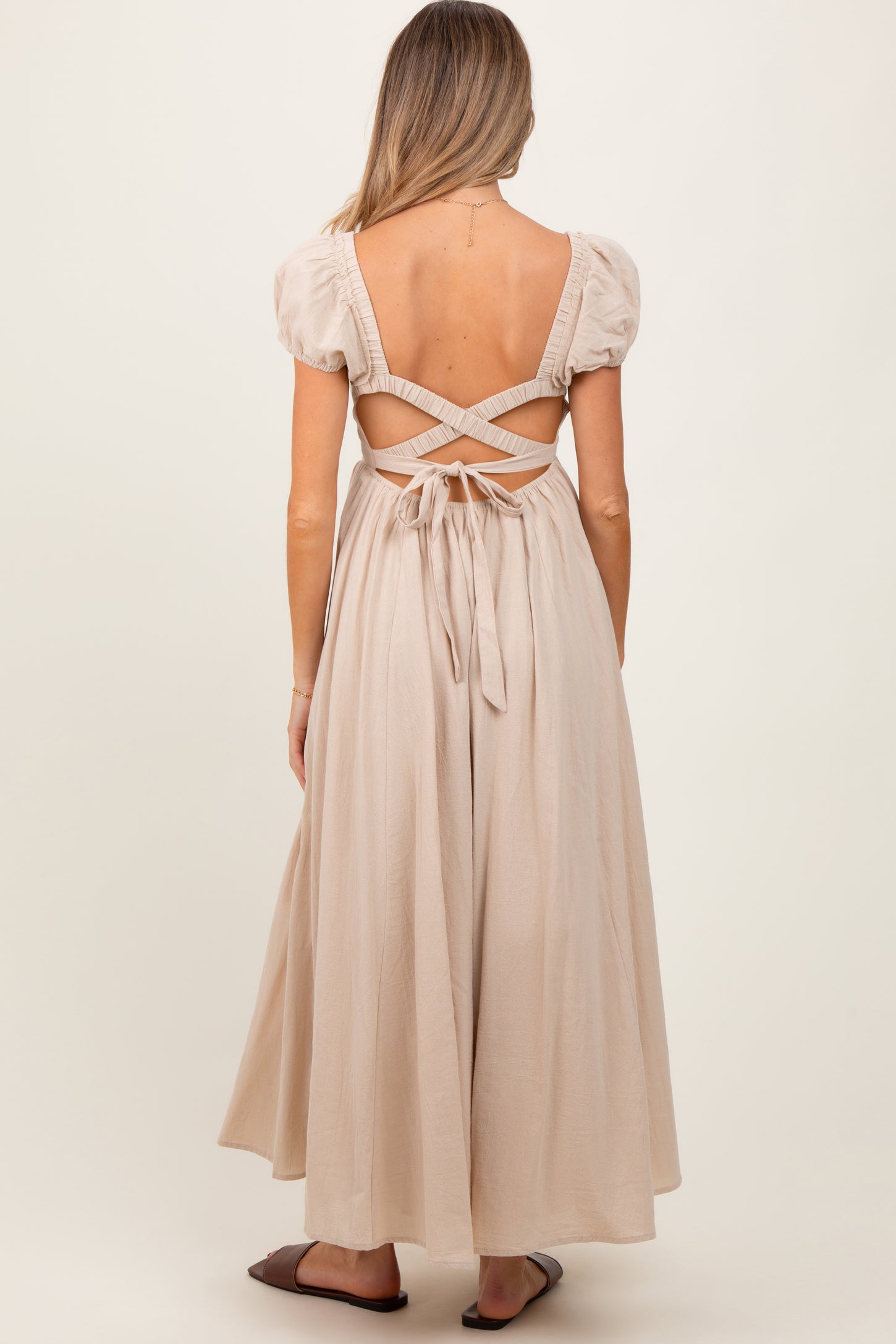 Beige Square Neck Smocked Top Criss Cross Back Tie Maternity Maxi Dress
