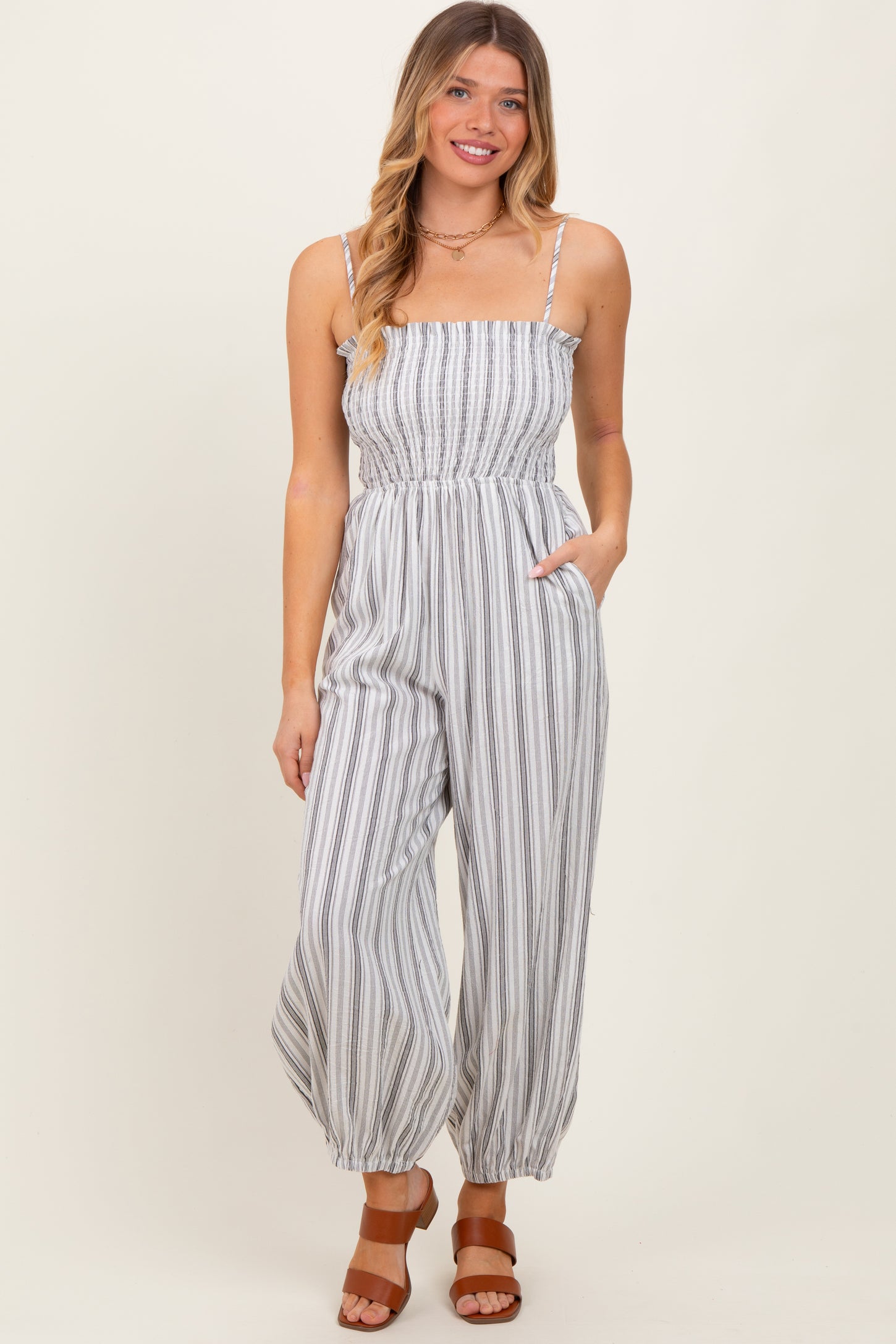 Cream Smocked Striped Balloon Maternity Jumpsuit