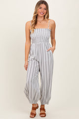 Cream Smocked Striped Balloon Maternity Jumpsuit