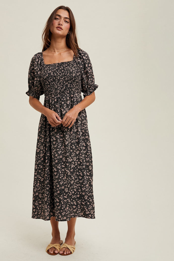 Black Floral Smocked Puff Sleeve Midi Dress