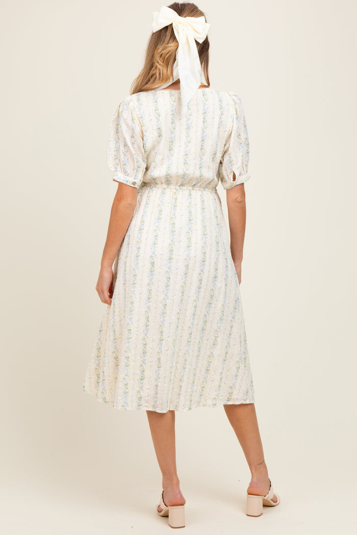 woman wearing a light floral print maternity dress with short puff sleeves and a cinched waist, seen from the back