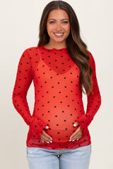Red Mesh Heart High Neck Long Sleeve Maternity Top