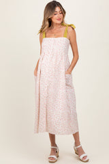 Cream Floral Shoulder Tie Button Down Maternity Midi Dress