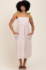 Cream Floral Shoulder Tie Button Down Maternity Midi Dress