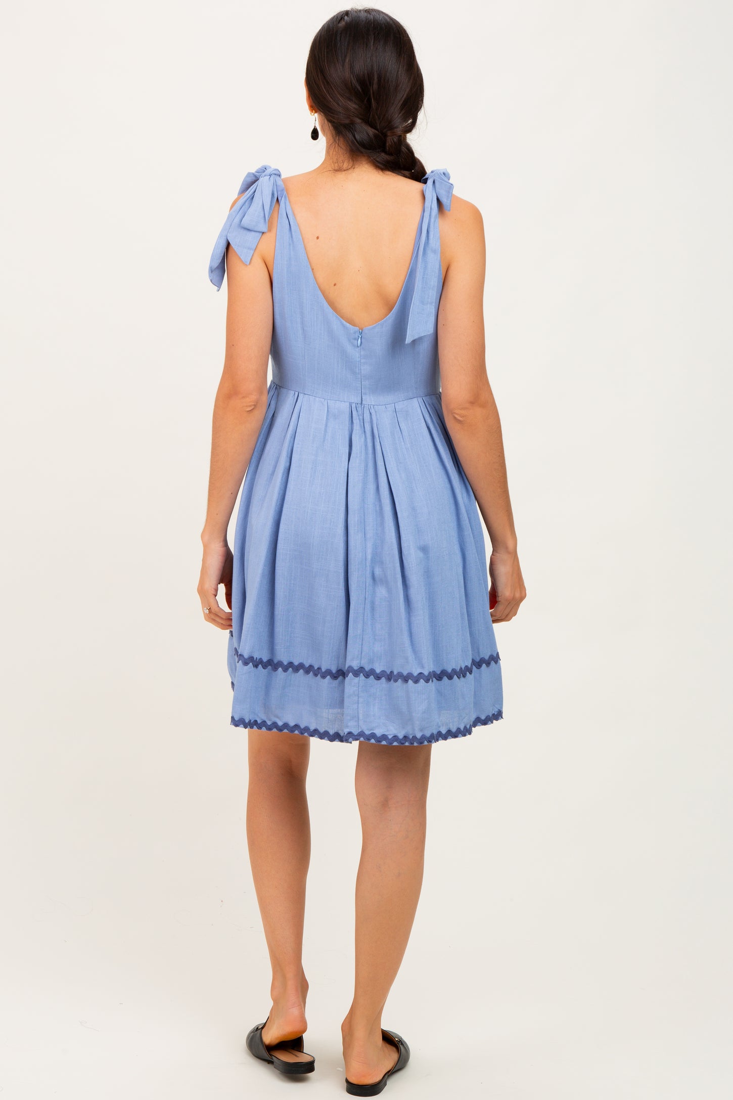 Blue Shoulder Bow Tie Pleated Mini Dress