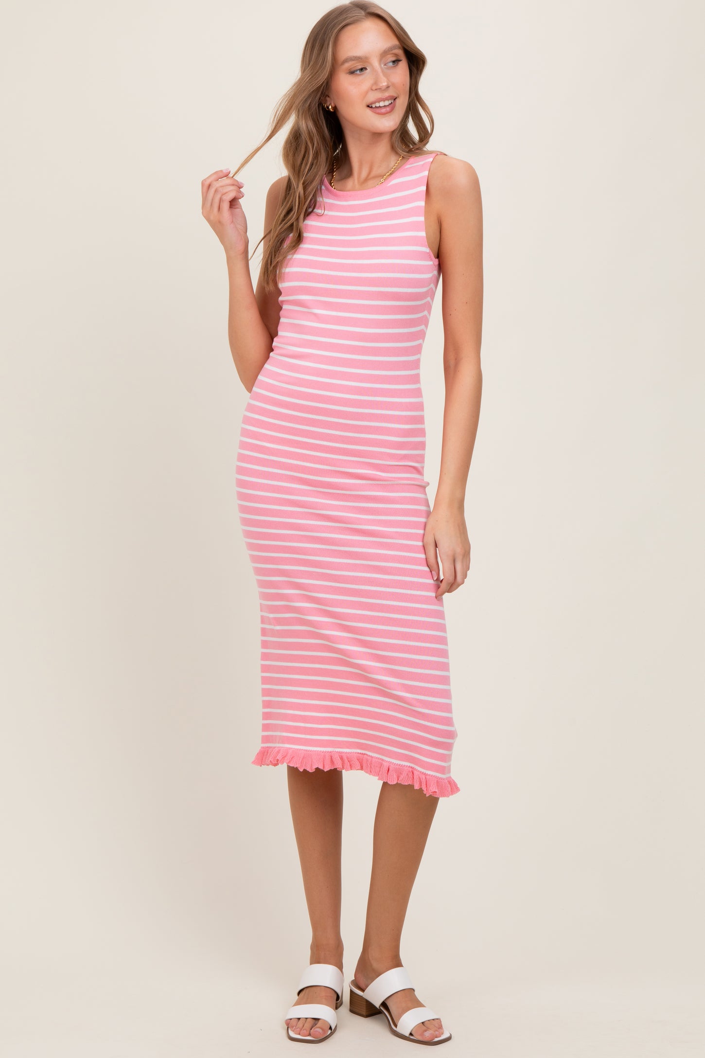 Light Pink Striped Knit Sleeveless Ruffle Hem Maternity Midi Dress
