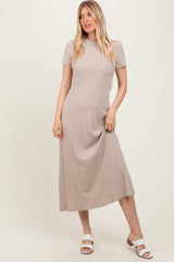 Beige Ribbed Short Sleeve Midi Dress