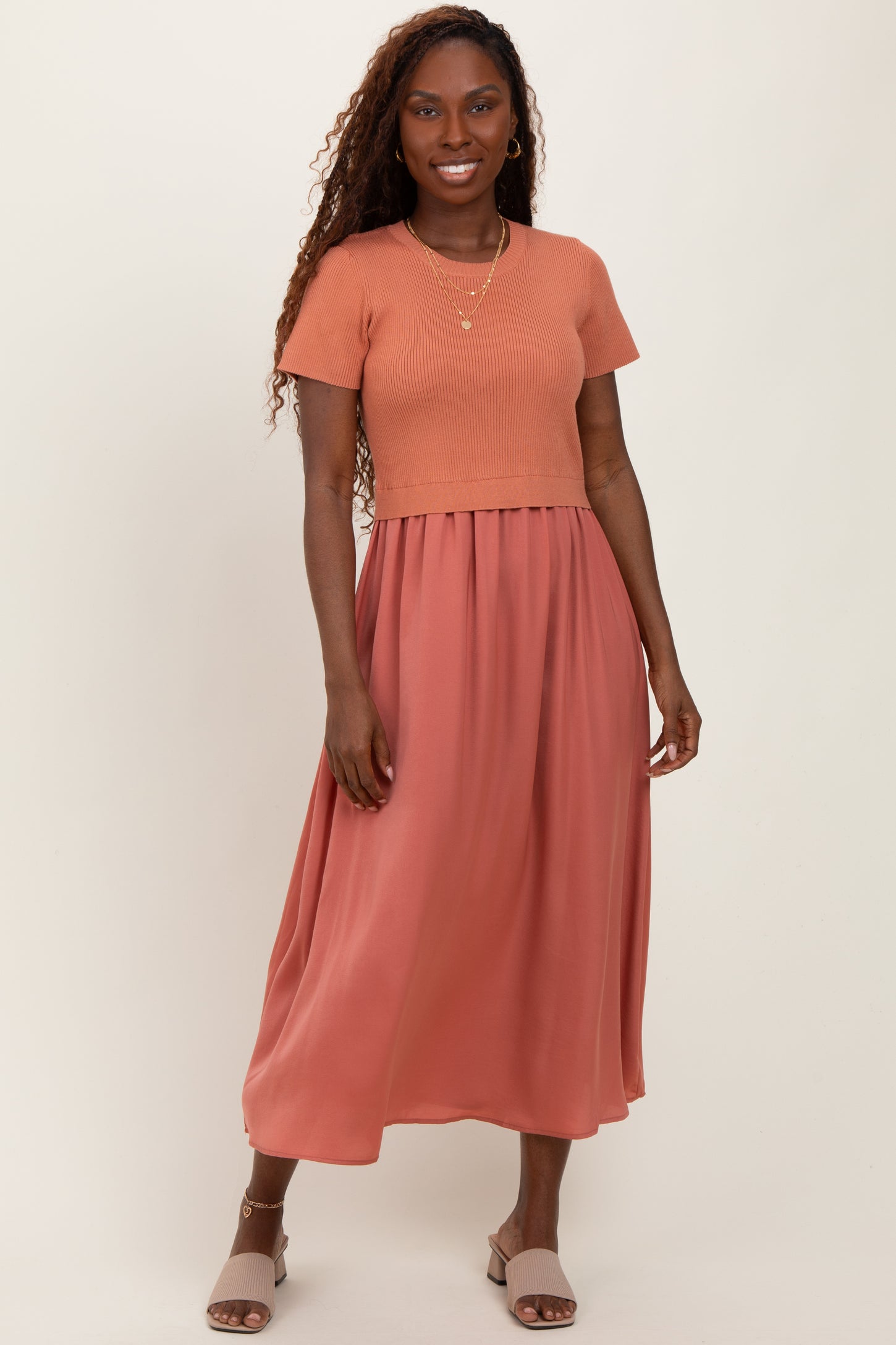 Rust Knit Contrast Top Satin Short Sleeve Midi Dress