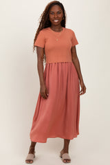 Rust Knit Contrast Top Satin Short Sleeve Midi Dress