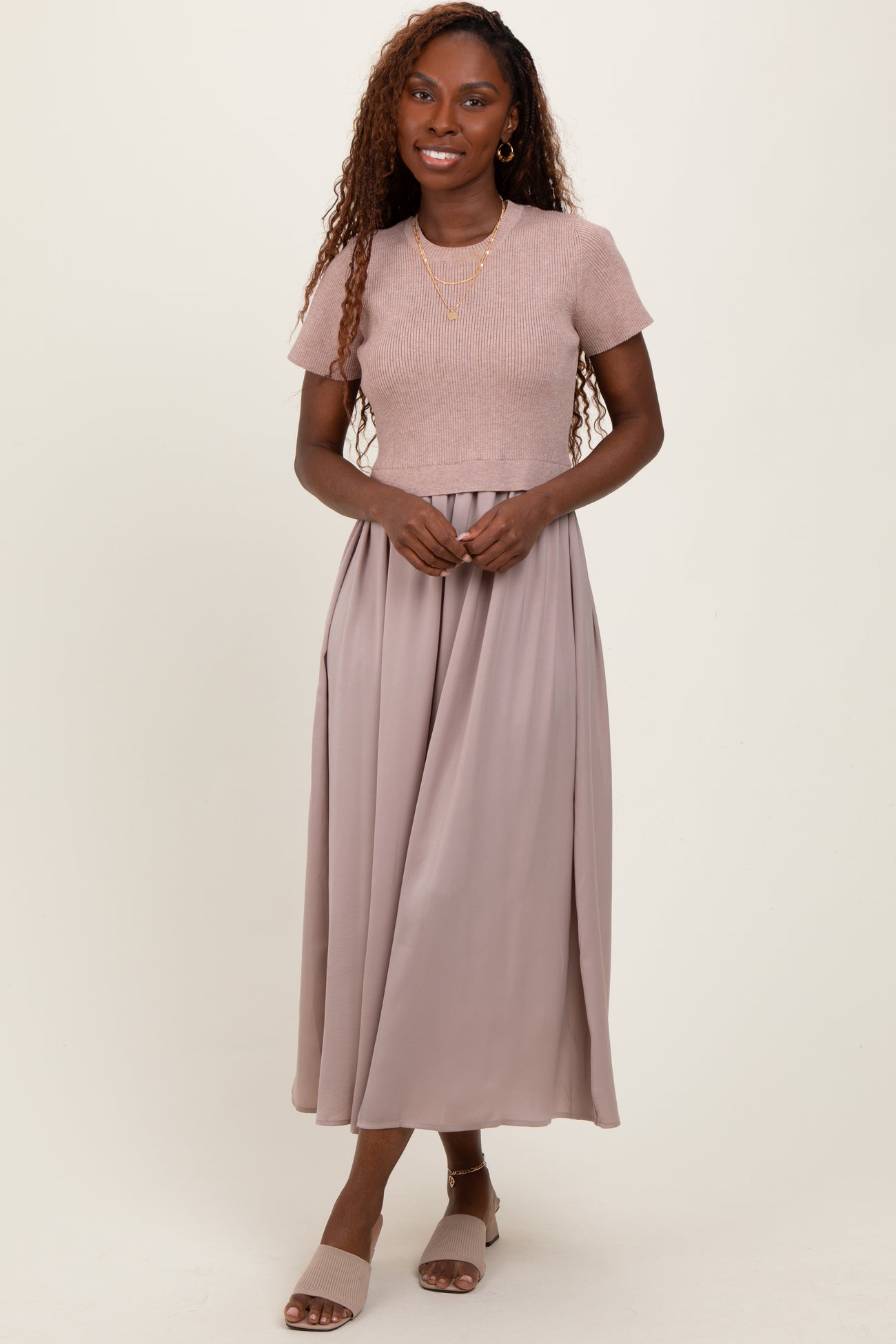 Taupe Knit Contrast Top Satin Short Sleeve Midi Dress